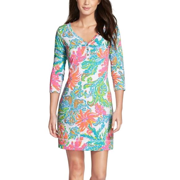 Lilly Pulitzer Dress 3/4 Sleeve Tropical Henley Alessia Mini Multi Women's XS - Picture 1 of 6
